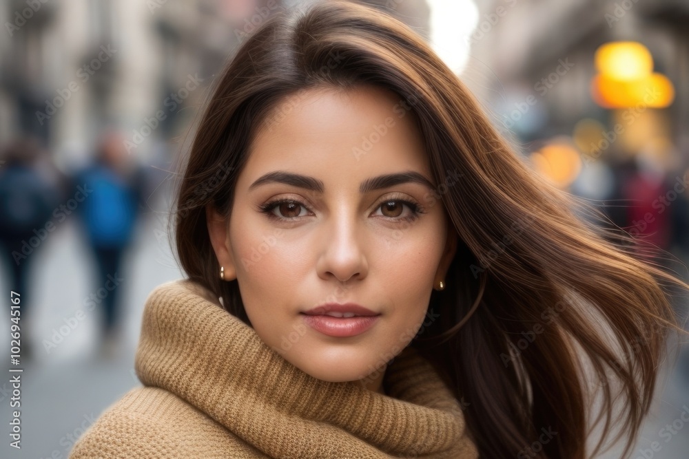 A beautiful brunette woman wearing a knitted sweater on the street A beautiful brunette woman wearing a knitted sweater on the street