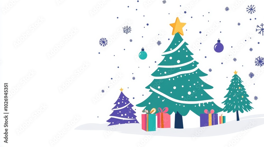 Obraz premium A festive scene featuring decorated Christmas trees and colorful presents, evoking holiday cheer.