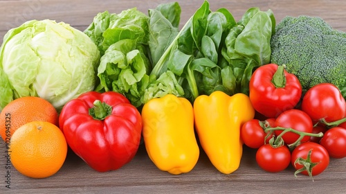 Close-up of vibrant fresh vegetables and fruits on wooden table, symbolizing healthy blood pressure foods, emphasizing natural nutrition and wellness.