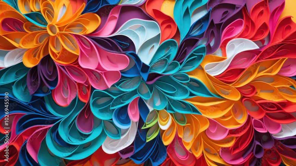 A stunning, intricate collage of brightly colored paper shapes creates a mesmerizing floral pattern full of texture and movement. A stunning, intricate collage of brightly colored paper shapes creates a mesmerizing floral pattern full of texture and movement.