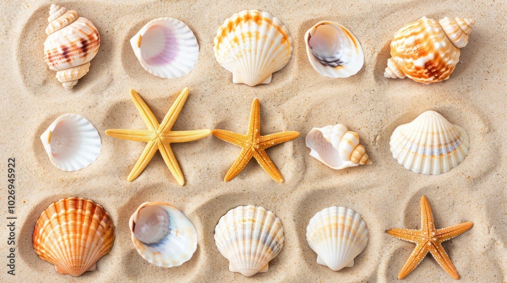 Seashells and Starfish Arranged on Sandy Beach Seashells and Starfish Arranged on Sandy Beach