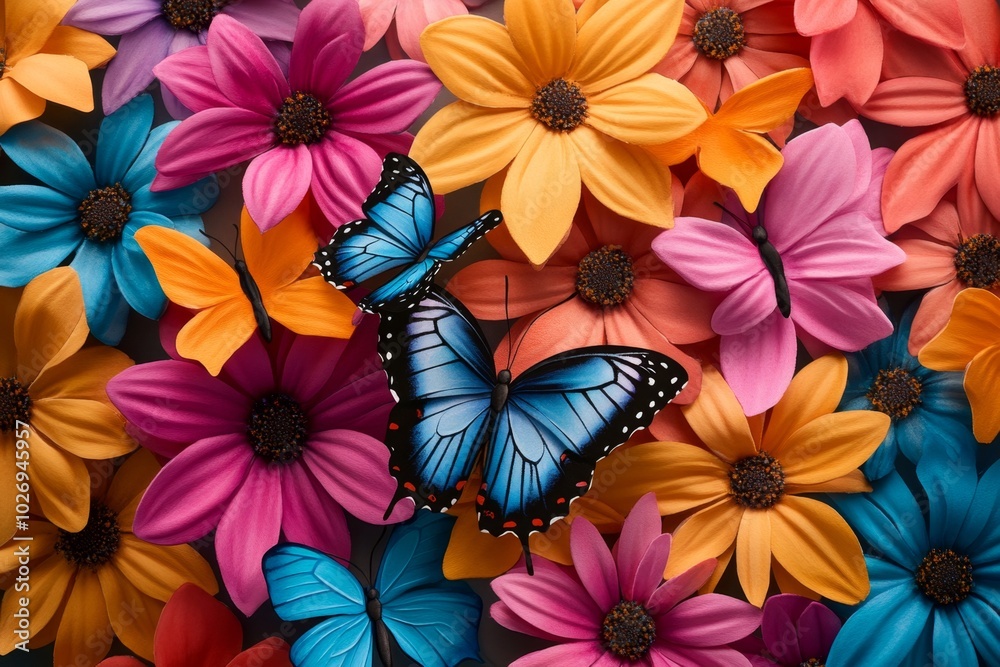 Obraz premium Whimsical watercolor of a butterfly garden, with bright, vibrant colors blending together as butterflies flutter around flowers in a peaceful, dreamy scene