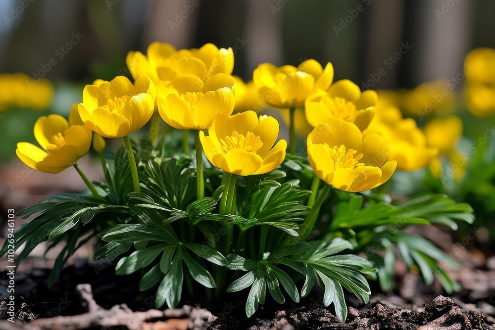 Obraz premium Winter Aconite flowers growing in clusters in a woodland glade, with their bright yellow heads nodding in the breeze, lighting up the early spring landscape