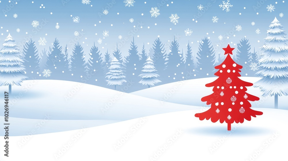 A winter landscape featuring a red Christmas tree amidst falling snow and evergreen trees. A winter landscape featuring a red Christmas tree amidst falling snow and evergreen trees.