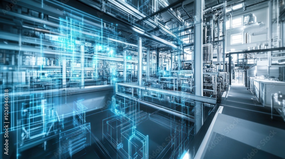 Fototapeta premium Advanced technology in an industrial plant, with computerized systems and digital controls monitoring production, emphasizing innovation.