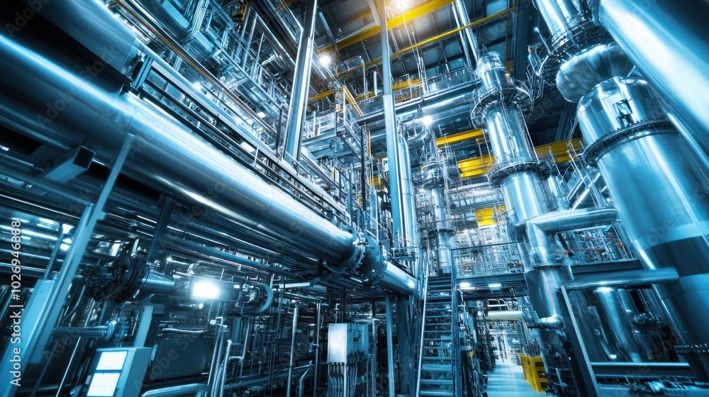 Advanced technology in an industrial plant, with computerized systems and digital controls monitoring production, emphasizing innovation. Advanced technology in an industrial plant, with computerized systems and digital controls monitoring production, emphasizing innovation.
