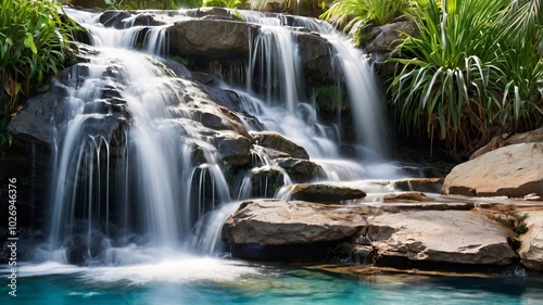 waterfall cascading into a crystal-clear pool
