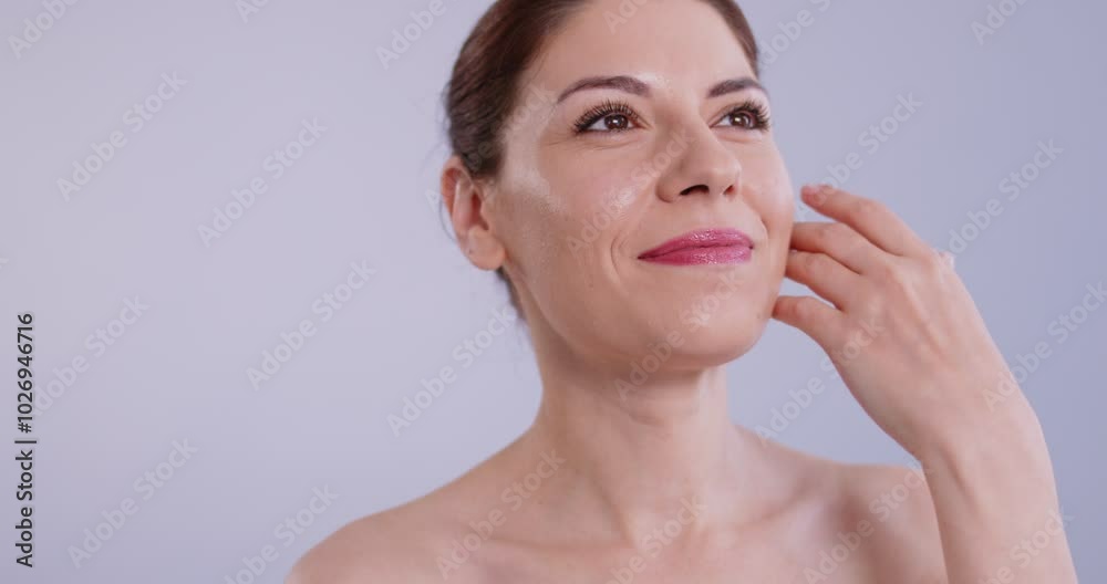 Beauty portrait of smiling woman touching perfect smooth face skin, looking at camera, attractive young female with bare shoulders, natural beauty, female dermatology, care, spa therapy model glamour Beauty portrait of smiling woman touching perfect smooth face skin, looking at camera, attractive young female with bare shoulders, natural beauty, female dermatology, care, spa therapy model glamour