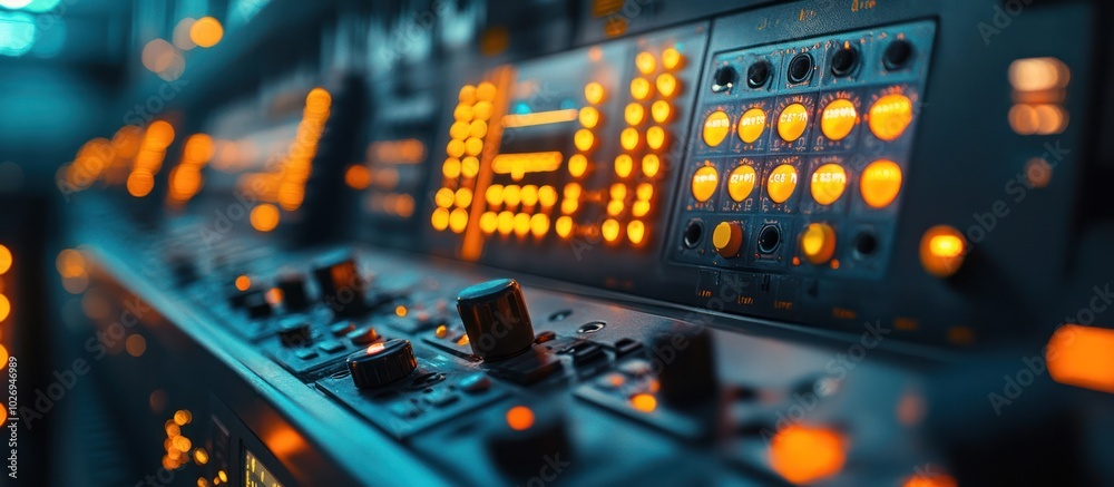 Naklejka premium Close-up of a control panel with illuminated buttons and knobs.
