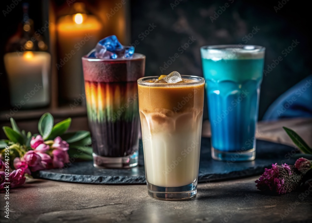 Iced White Chocolate Macchiato Menu with Colorful Beverages on White Background Iced White Chocolate Macchiato Menu with Colorful Beverages on White Background