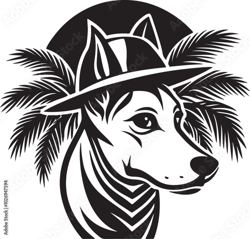 A stylish dog wearing a hat and sunglasses, surrounded by palm trees, featured in a beach-themed t-shirt design