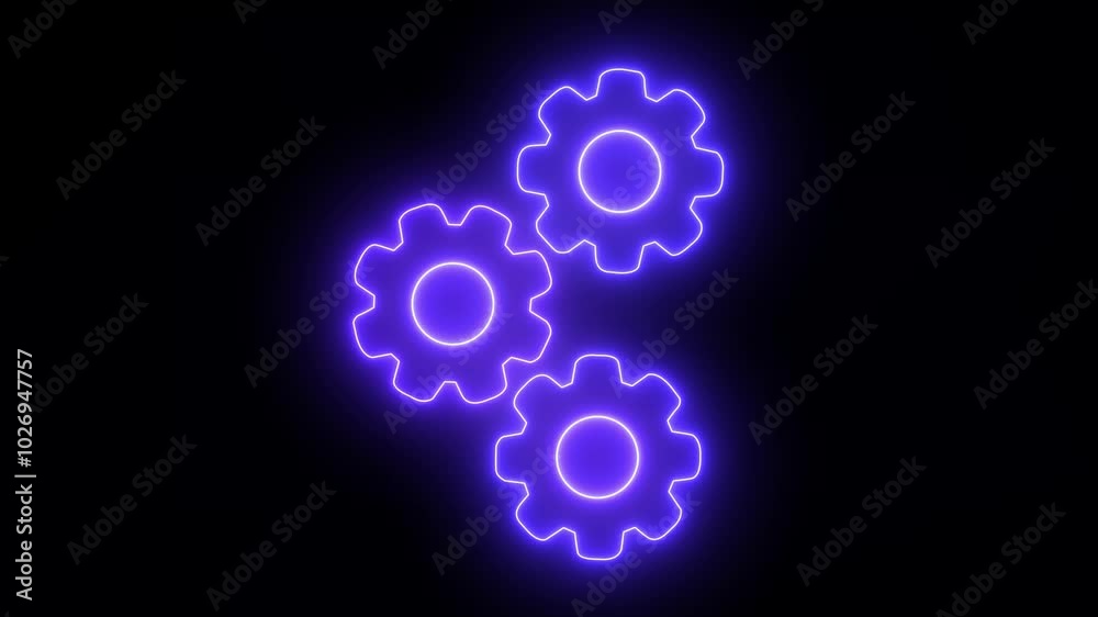 three neon spinning gears animation on black background .Spinning cogwheels video Technology setting icon. 