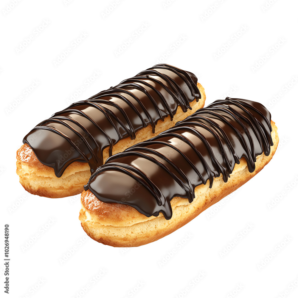 Delicious chocolate eclairs with a glossy chocolate topping. Perfect for dessert lovers and bakery enthusiasts.,transparent background Delicious chocolate eclairs with a glossy chocolate topping. Perfect for dessert lovers and bakery enthusiasts.,transparent background