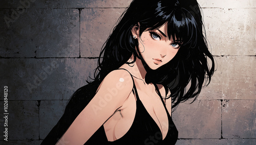Intense Retro Anime Portrait Gothic Female Character with Chiaroscuro Effect