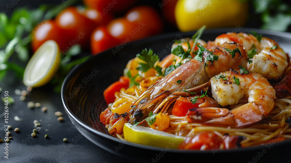Delicious shrimp pasta with fresh vegetables and herbs served on a black plate Delicious shrimp pasta with fresh vegetables and herbs served on a black plate