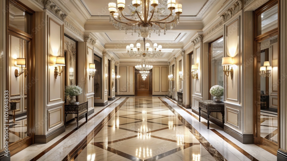 Fototapeta premium Elegant mirrored hallway with chandeliers and marble floors, luxurious, sophisticated, stylish, reflective