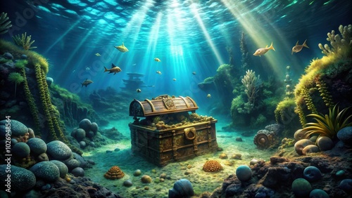 Mysterious underwater world with hidden treasures and ancient artifacts, submerged, secrets, underwater, treasures photo