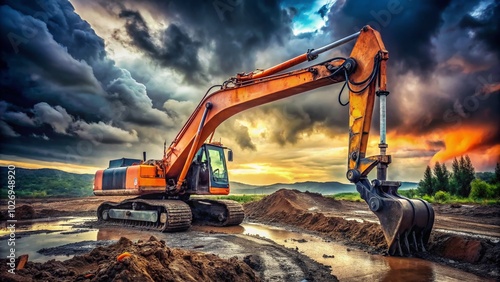 Wallpaper Mural Industrial Excavator at Rainy Construction Site - Heavy Machinery in Action Torontodigital.ca