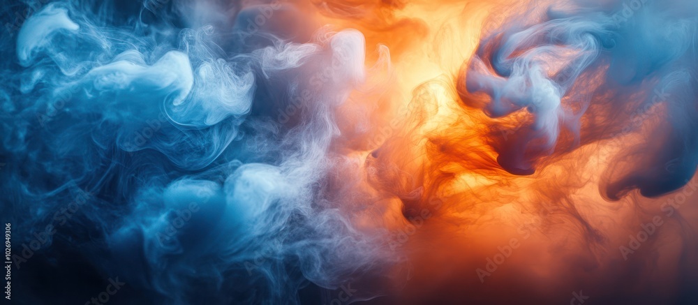 Fototapeta premium Abstract blue and orange smoke swirls on a dark background.
