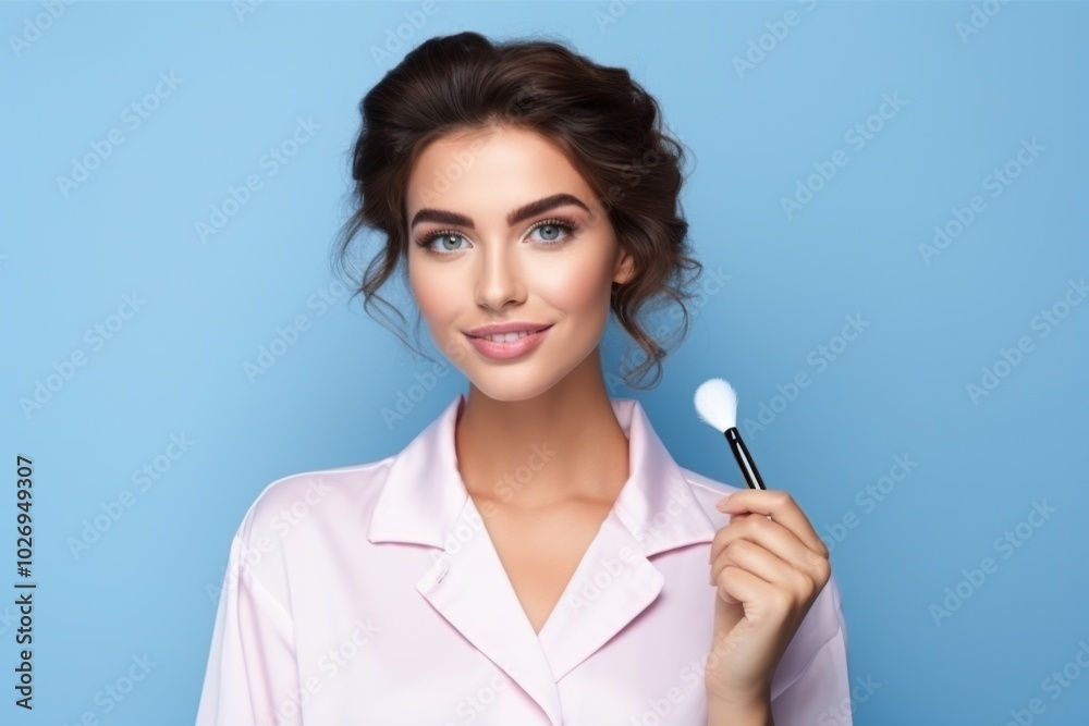 A glamorous woman applies blush with a makeup brush, exuding elegance and style against a pastel blue backdrop. A glamorous woman applies blush with a makeup brush, exuding elegance and style against a pastel blue backdrop.