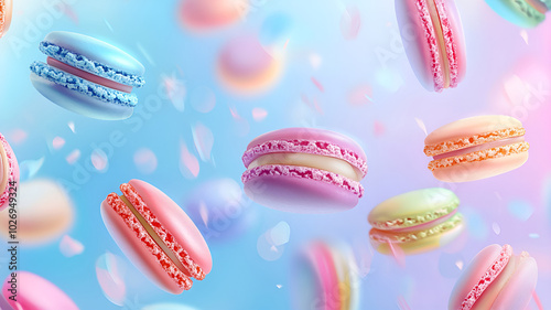 Colorful macarons flying and falling against a pastel blue and pink background. Scene of colorful macarons floating.