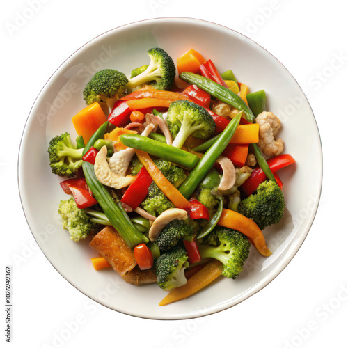 Vegetable stir fry on white plate top view isolated on transparent background