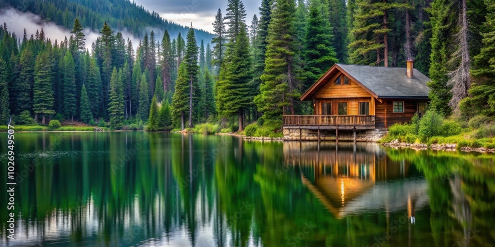 Cozy cabin nestled among pine trees overlooking a serene lake, cabin, pine trees, forest, tranquil, scenic, nature Cozy cabin nestled among pine trees overlooking a serene lake, cabin, pine trees, forest, tranquil, scenic, nature