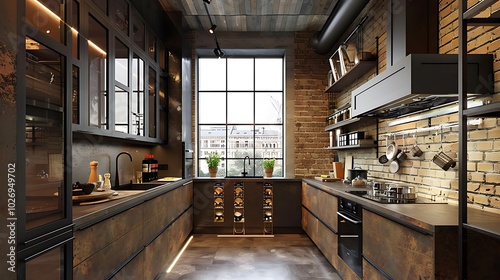 Modern kitchen in loft style with red brick wall