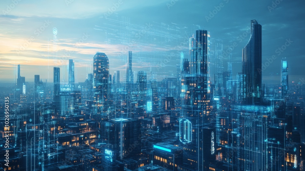 Obraz premium Futuristic Cityscape with Digital Overlays at Dusk
