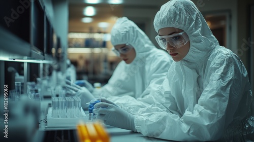 Dressed in protective gear, laboratory workers focus intensely on their scientific experiments, ensuring safety and precision.