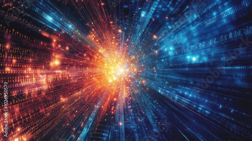 Abstract Digital Tunnel with Glowing Lines and Data Streams