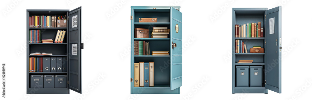 Stylish Cabinet with Books and Organizers for Storage Isolated on Transparent Background Stylish Cabinet with Books and Organizers for Storage Isolated on Transparent Background