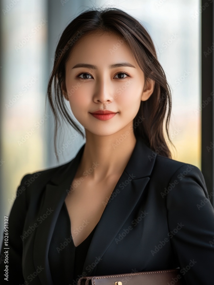 A poised Asian businesswoman standing with a briefcase, ready for her next business trip, showing professionalism and preparedness. A poised Asian businesswoman standing with a briefcase, ready for her next business trip, showing professionalism and preparedness.