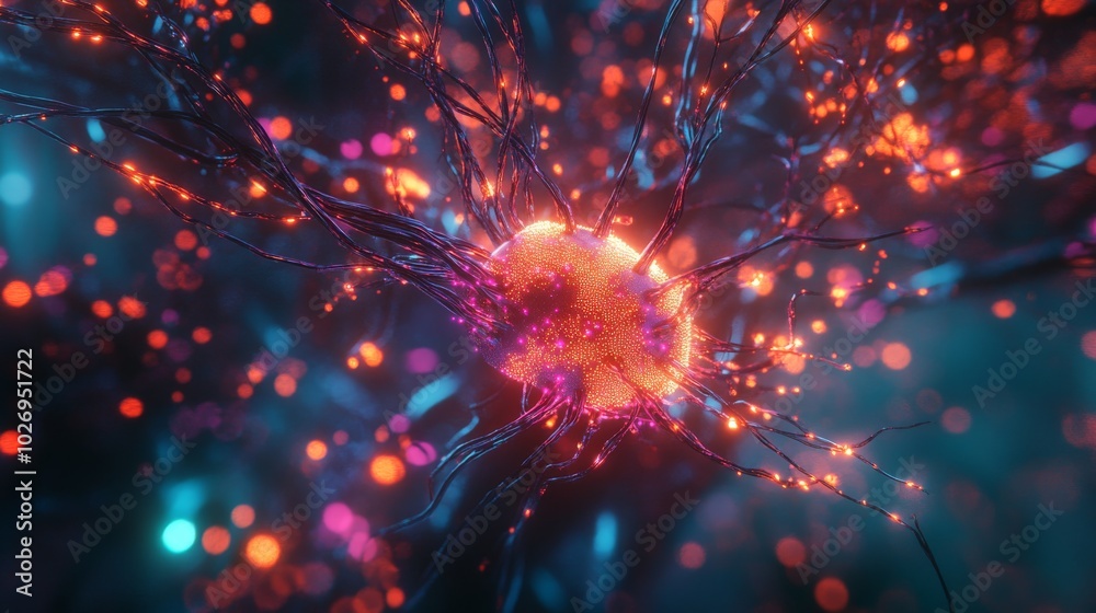 Glowing Sphere with Intricate Tendrils in a Red and Blue Bokeh Background