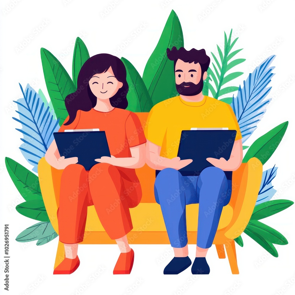 A cheerful couple sitting on a sofa, working on tablets surrounded by vibrant greenery, showcasing modern lifestyle and relaxation. A cheerful couple sitting on a sofa, working on tablets surrounded by vibrant greenery, showcasing modern lifestyle and relaxation.