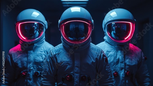 Three astronauts, faces obscured by helmets, stand in a dimly lit room with neon lights reflecting, enhancing the mystery and allure of space exploration. photo