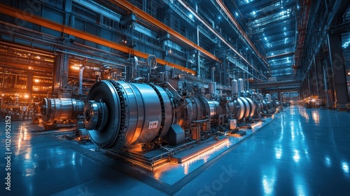 A power station within an industrial plant, with turbines and generators converting energy into electricity, emphasizing energy production.