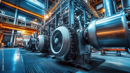 A power station within an industrial plant, with turbines and generators converting energy into electricity, emphasizing energy production. photo