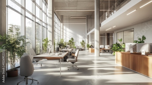 Modern office space with natural light and greenery for a productive work environment.