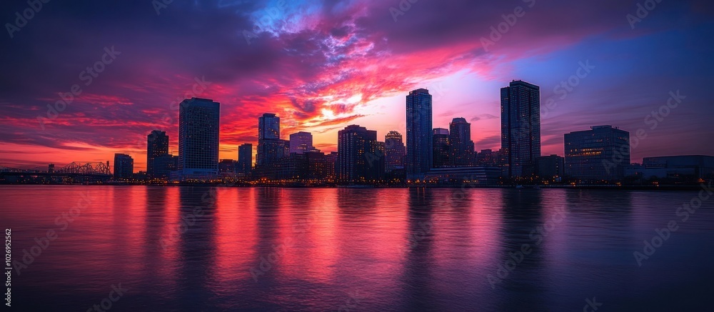 Obraz premium A colorful sunset over a cityscape with skyscrapers reflected in the water.
