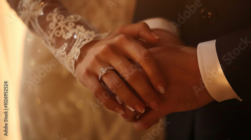 A close-up shot of the bride and groom holding hands, with their wedding rings sparkling in the soft light. photo