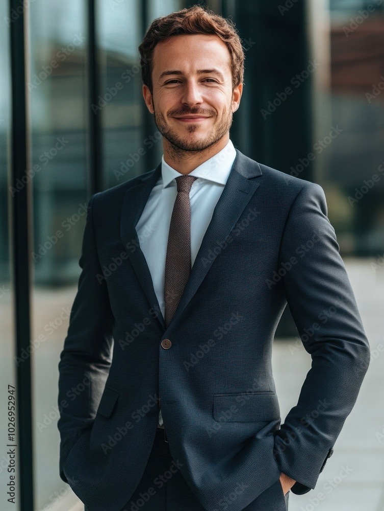 A sharp European businessman with a friendly smile, standing in a formal suit, ready for a day of successful business negotiations. A sharp European businessman with a friendly smile, standing in a formal suit, ready for a day of successful business negotiations.