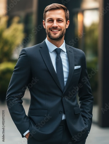 A sharp European businessman with a friendly smile, standing in a formal suit, ready for a day of successful business negotiations.