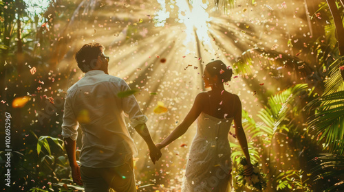 A couple enjoying their eco-friendly wedding, with a natural venue, biodegradable confetti, and plantable wedding favors. photo