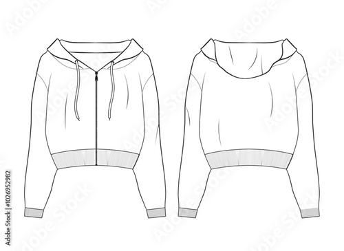 Women's Cropped zipup cable knit Cardigan sweater - Technical fashion illustration. Front and back, white colour. Women's CAD mock-up.
