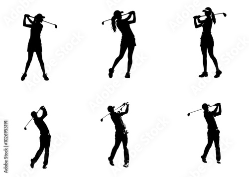People playing golf in various poses isolated vector silhouette on white backgroun