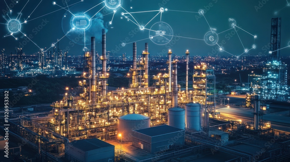 Naklejka premium A smart industrial plant with integrated sensors and IoT technology, optimizing production and energy use, showcasing intelligent systems.