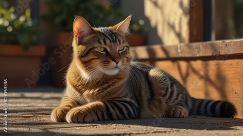 a tabby cat basking in the warm sunlight on a stone terrace. Its striped fur is illuminated by the golden rays,  The cat relaxed posture and peaceful expression convey a sense of tranquility.