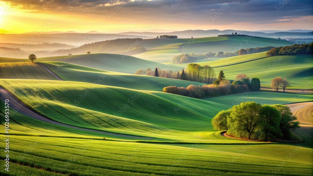 Fototapeta premium Rolling green fields in misty dawn light , nature, landscape, foggy, morning, tranquil, serene, countryside, rural, grass, scenic