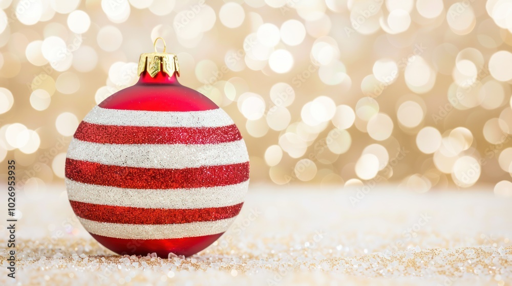 Red and White Striped Christmas Ornament on Gold Glitter Red and White Striped Christmas Ornament on Gold Glitter